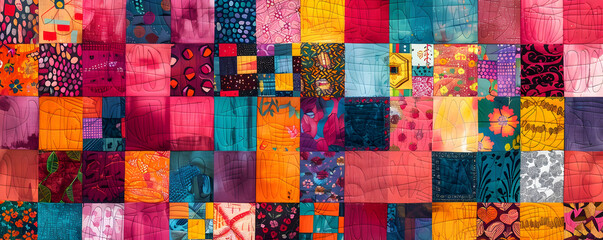 Colorful Patchwork Quilt with Mixed Patterns - obrazy, fototapety, plakaty