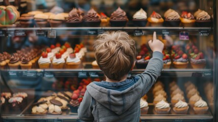 view from behind of a child watching at a charming bakery window display filled treats 
