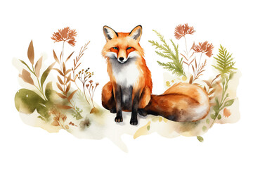 fox mammal collection black furry forest set herbs fur wild fox animal element red white cute illustration watercolor background red wildlife animal sitting wildlife paws