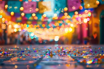 A blurred background of an outdoor Mexican celebration, with colorful flags and lights creating bokeh effects Generative AI - obrazy, fototapety, plakaty