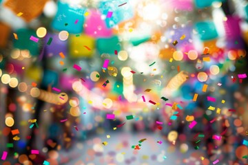 A blurred background of an outdoor Mexican fiesta, with colorful flags and confetti scattered around, creating a festive atmosphere Generative AI