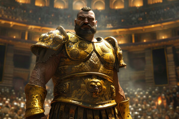 A gladiator king, beard trimmed, golden armor gleaming. His regal stance contrasts with the brutality of the arena