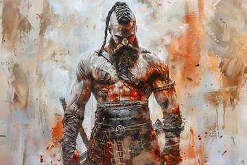 Fotobehang A gladiator of legend, beard braided with victory ribbons, muscles honed by relentless combat. © Formoney