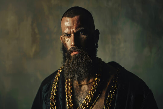 A gladiator kingpin, beard trimmed to perfection, gold chains adorning his neck.