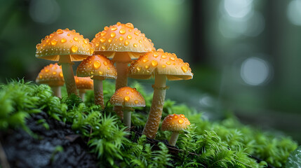 A serene close-up of small mushrooms with glistening dew drops, nestled on a lush moss-covered log