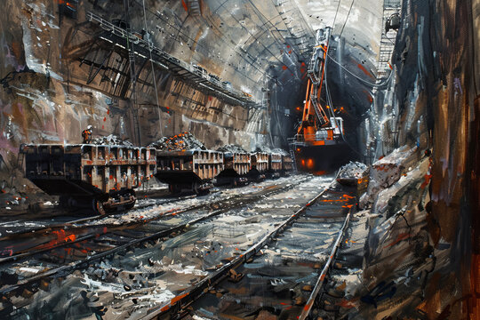 A mining shaft, elevators descending, miners loading ore carts, the tunnel echoing with sounds of industry