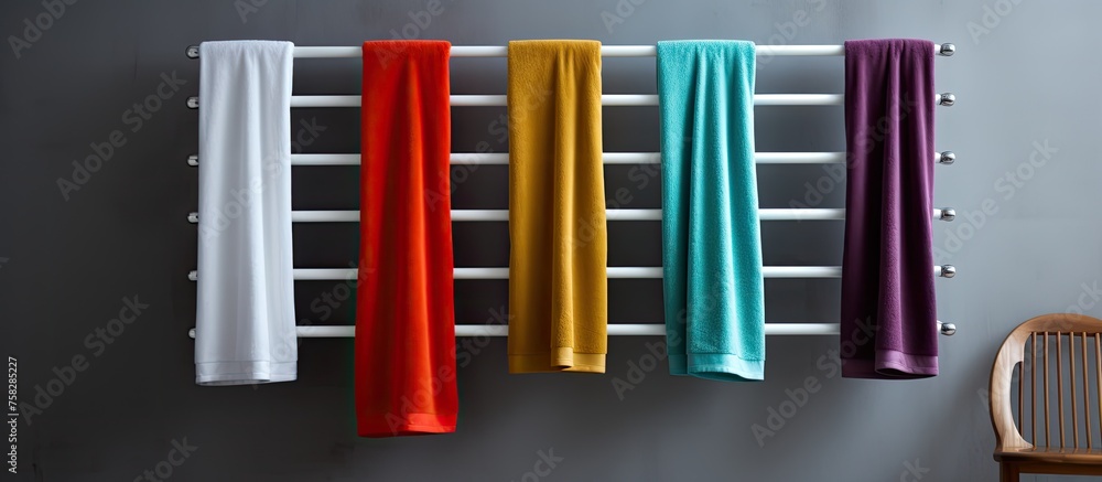Poster several towels are neatly displayed on a rectangular rack attached to a wooden wall. the towels vary