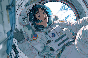 A multiracial Asian astronaut, floating in a space station, Earth visible through the window.