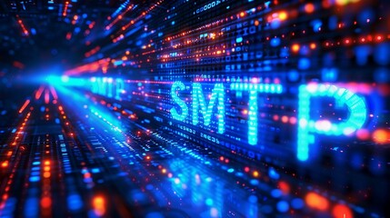 Digital blue matrix binary code forms the acronym SMTP , symbolizing the concept of Simple Mail Transfer Protocol .
 - obrazy, fototapety, plakaty