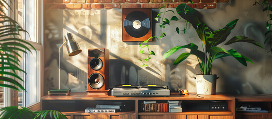 vinyl record and vintage audio in the coffee shop - obrazy, fototapety, plakaty