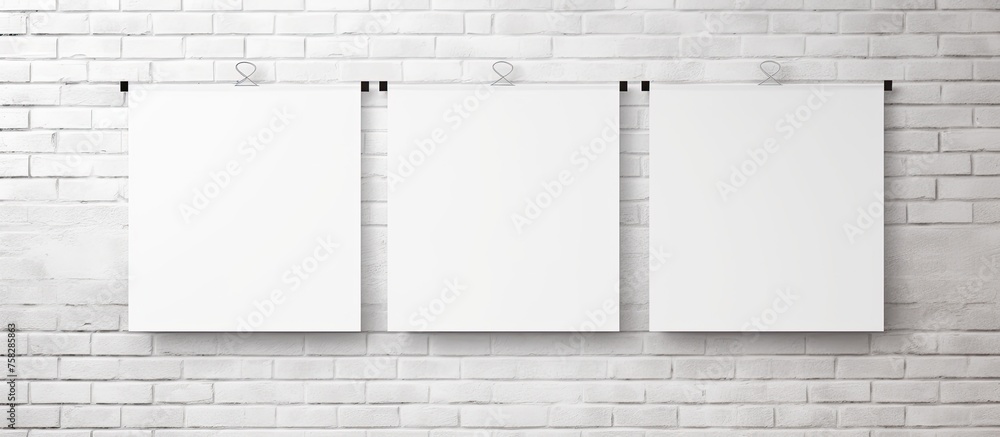 Poster three rectangular white posters with parallel lines are displayed on a white brick wall. the monochr
