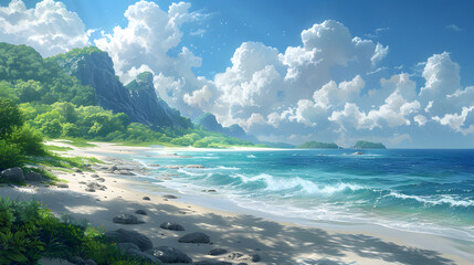 An idyllic tropical beach scene with lush green cliffs, blue waters, white sands, and fluffy clouds