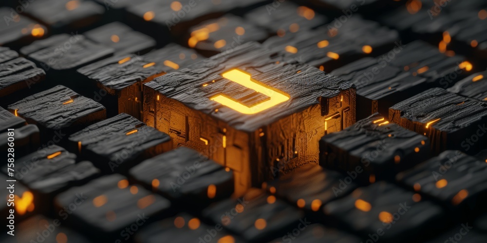 Poster Digital Nexus: Glowing Golden Cubes Form a Futuristic Technology Grid, Illustrating Advanced Data Processing, Generative AI