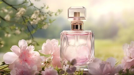 Obraz na płótnie Canvas Transparent Bottle of Perfume and Pastel Pink Flowers