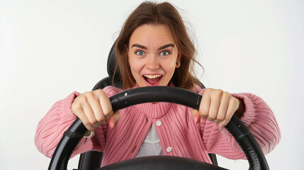 mulher segurando o volante isolado, expressão engraçada, promoção para tirar carta de habilitação de motorista  - obrazy, fototapety, plakaty