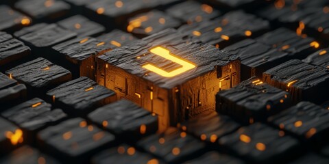 Digital Nexus: Glowing Golden Cubes Form a Futuristic Technology Grid, Illustrating Advanced Data...