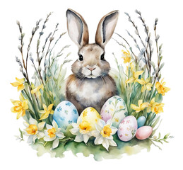 Easter watercolor illustration, clipart. Easter bunny, eggs, daffodils, willow branches. Easter greeting card, sticker, print.