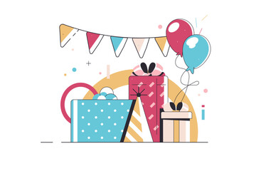 Gifts with bowties and balloons design, Box present holiday christmas shopping birthday celebration decoration and surprise theme. Vector illustration