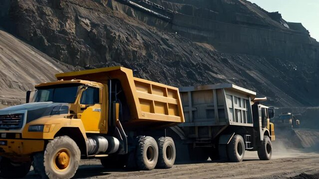 Heavy industrial mining dump trucks driving along the opencast open mine pit