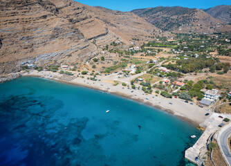 Aerial view of the beautiful bay and beach of Pisses, Kea, Tzia island, Greece