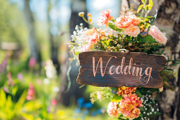 Wooden board with the inscription in paint Wedding. Sign for guests at the entrance, outdoors wedding ceremony decoration. Hand made signboard, welcome wedding wooden plaque with flowers on background