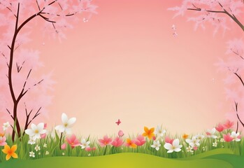 Vibrant Spring Background Illustration: Blooming Flowers, Fresh Greenery