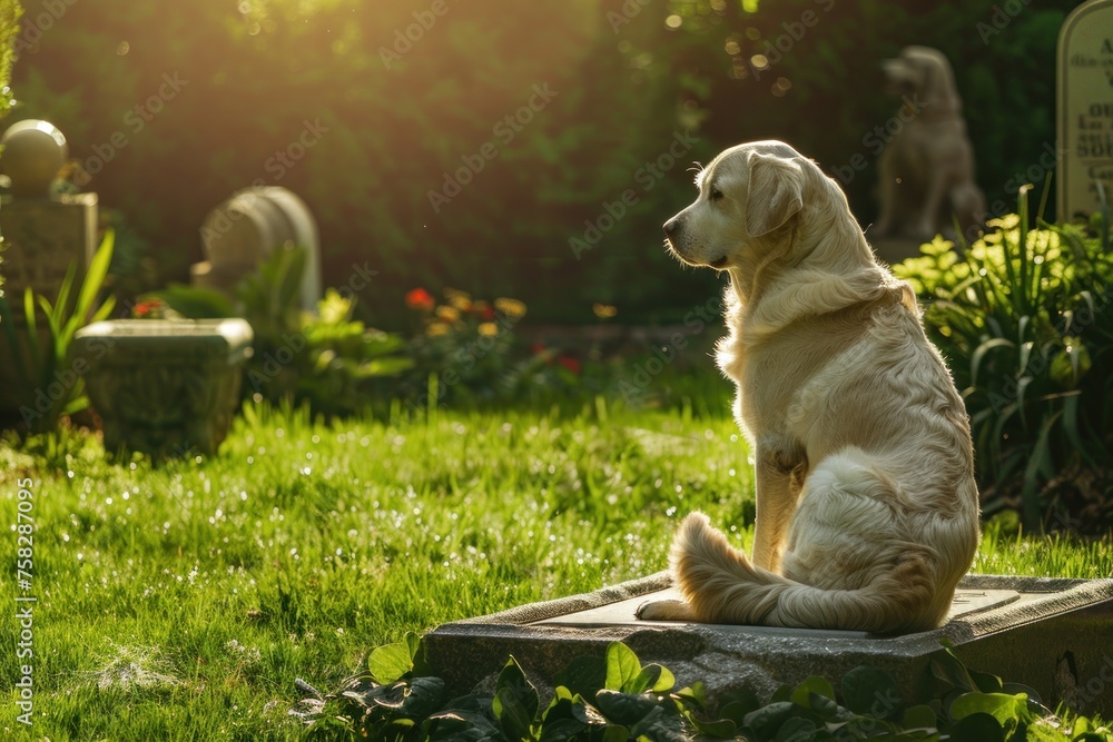 Canvas Prints a dog is sitting on a stone slab in a cemetery. memorial day concept