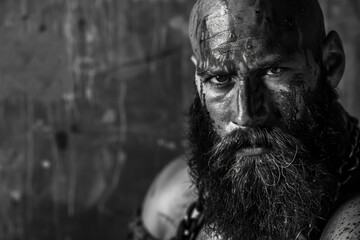A savage warrior, beard matted with sweat, scars telling tales of countless battles. - obrazy, fototapety, plakaty