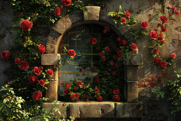 Fototapeta na wymiar A secret garden hidden behind a stone wall, bursting with blooming roses