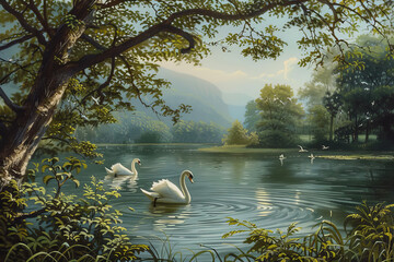 A serene lakeside scene with swans gliding on the water