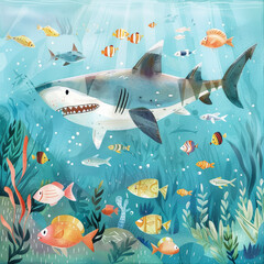 a shark swimming in the ocean with fish around it watercolor tender children's illustration