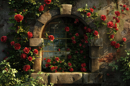 Fototapeta A secret garden hidden behind a stone wall, bursting with blooming roses