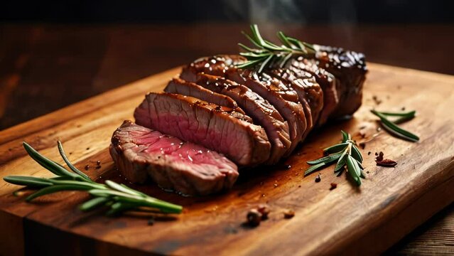 Sliced grilled meat steak with rosemary on wooden board