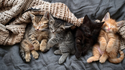 Top view of cute kittens sleeping on woolly blanket. - 758287251