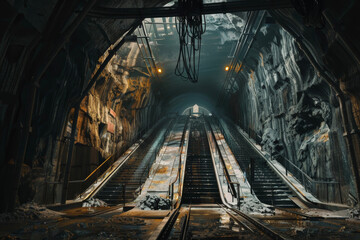 A subway station excavation, massive caverns being hollowed out, escalators yet to be installed, electrical cables hanging from the ceiling
