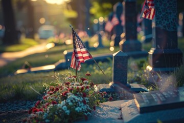 A small American flag is on a grave site. The flag is on a flower bed next to a headstone. Memorial day concept - obrazy, fototapety, plakaty