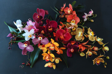 An orchid bouquet, various colors and shapes arranged in a harmonious composition.