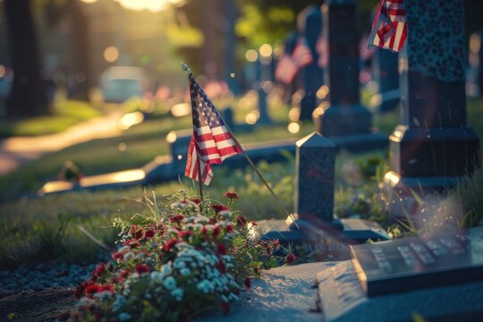 A small American flag is on a grave site. The flag is on a flower bed next to a headstone. Memorial day concept