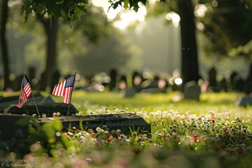A cemetery with two American flags on a grave marker. Memorial day concept - obrazy, fototapety, plakaty