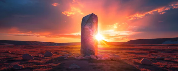 Abwaschbare Fototapete Orange mysterious and strange monolith in the desert, sunset landscape