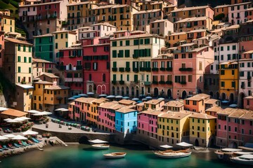 A full ultra HD photograph of Vernazza village's main square, bustling with life and surrounded by vibrant buildings. The high-resolution image showcases the energy and charm of this Italian coastal  - obrazy, fototapety, plakaty