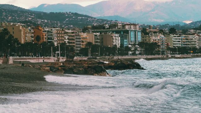 Establishing shot of the city of Nice as seen from the sea in winter, French Riviera. Le Carre d'Or and Vieille Ville urban districts