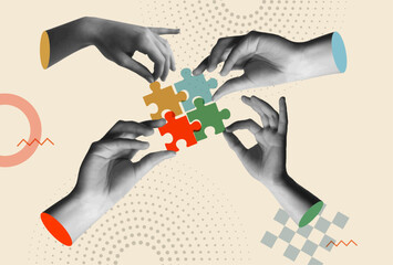 Hands holding colorful puzzle pieces in retro collage vector illustration
