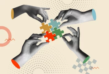 Hands holding colorful puzzle pieces in retro collage vector illustration © Cienpies Design