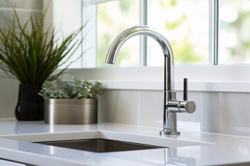 Up-close view of a gleaming chrome faucet, its smooth curves and sleek design adding a touch of elegance to the sink area