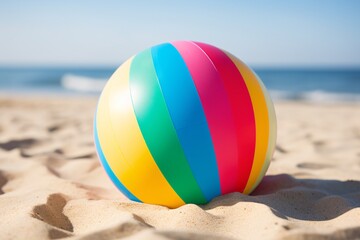 Obraz premium Up-close view of a colorful beach ball, its inflatable design and playful patterns ready for fun games in the sand or water