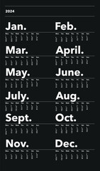 Classic monthly calendar for 2024 on black background. Calendar in the style of minimalist square shape. The week starts on Monday. English text. Bold. Helvetica