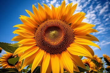 Obraz premium An up-close perspective capturing the intricate details and vibrant colors of a blooming sunflower, its petals reaching towards the sun in a radiant display of natural beauty