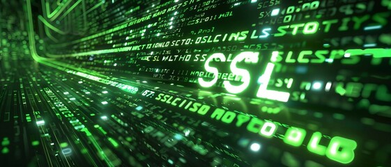 green matrix binary code forms the acronym SSL , symbolizing the concept of Secure Sockets Layer.
 - obrazy, fototapety, plakaty