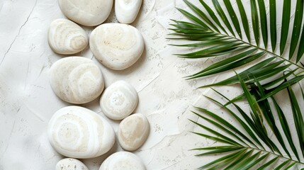 Obraz na płótnie Canvas Top View of Natural White Stones and Palm Leaf on White Background